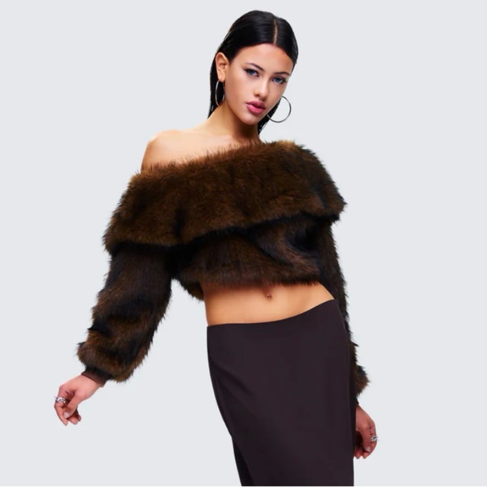 Finesse Nadi Brown Faux Fur Off Shoulder Top XS